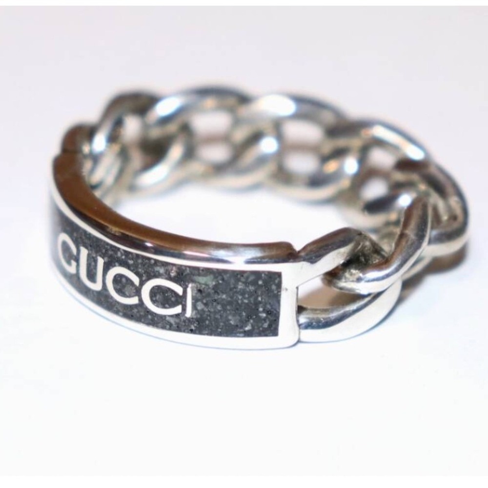 Gucci 678711 Unisex Sterling Silver Chain Ring with Black plaque, SZ 18